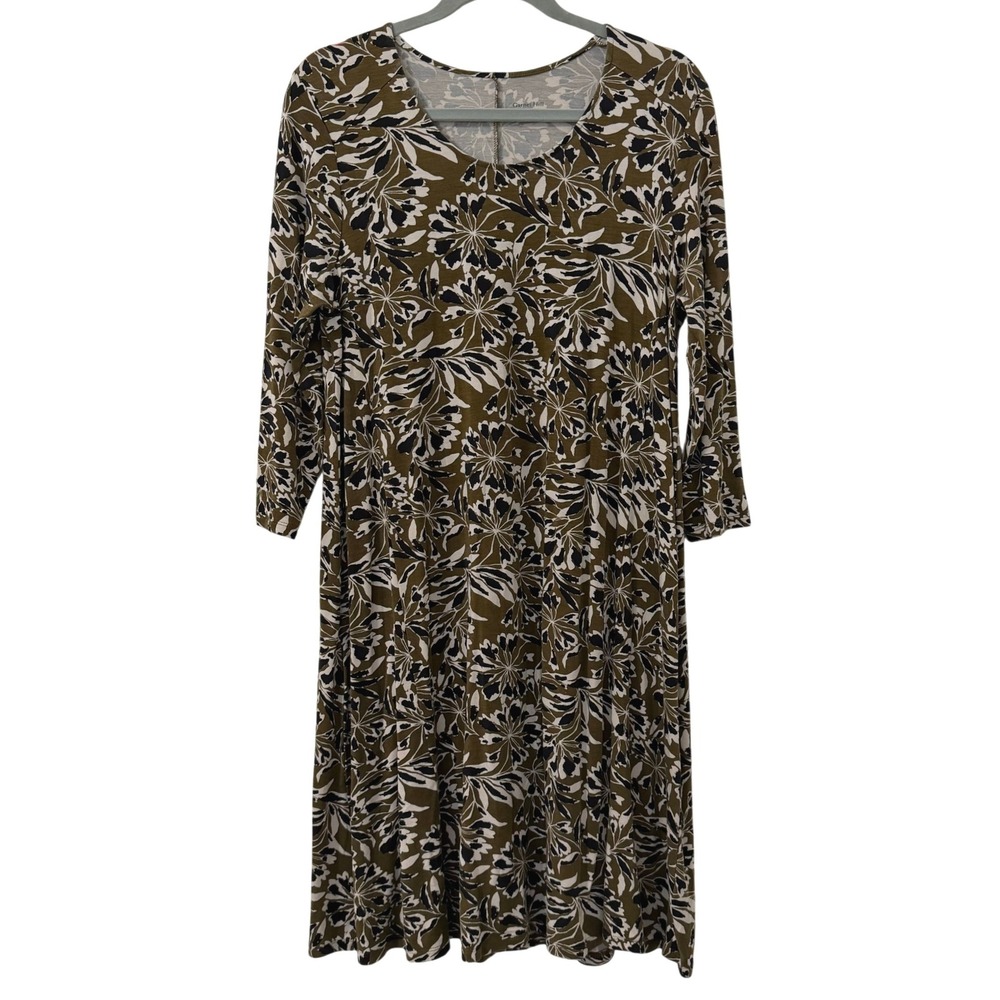 Garnet Hill Women L Olive Green Floral 3/4 Sleeve ALine Jersey Knit Dress Earthy